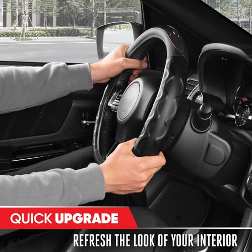Image of Motor Trend Redline D-Shaped Steering Wheel Cover - Premium Flat Bottom Car Steering Wheel Cover, Black Faux Leather Sterring Wheel Cover, Standard 15 inch