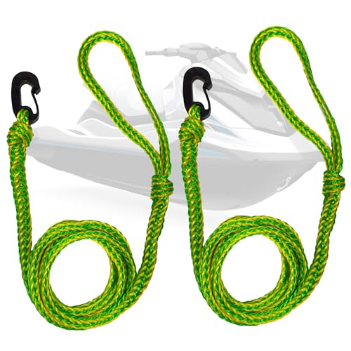 Five Oceans 1/2' x 7 Ft PWC Dock Line, Dock Lines for Boats with Giant Snap Hook, 2-Pack, Yellow & Green - Mooring Rope for Boats, Jet Ski, Kayak, Watercraft & Canoe - FO4960