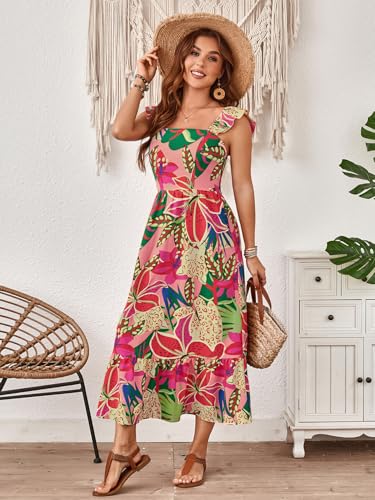 SOLY HUX Women's Summer Tropical Midi Dresses Square Neck Beach A-Line Sun Casual Boho Floral Print Flowy Long Dress4