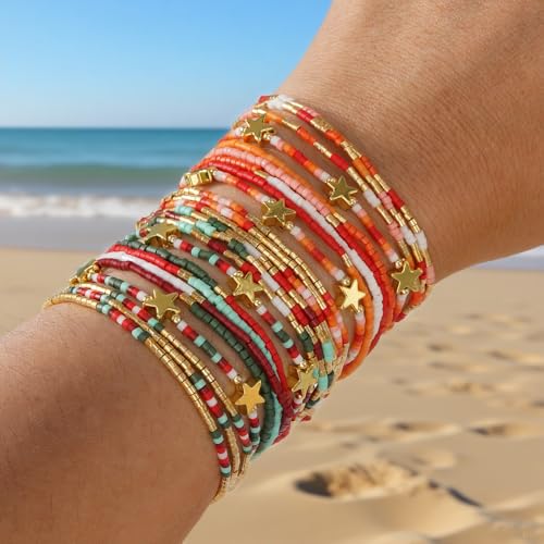 12Pcs Gold Plated Beaded Bracelets Stack Set for Women,Stretch Colorful Star Beads Ball Jewelry Friendship Autumn Christmas Day Daily Wear Trendy4