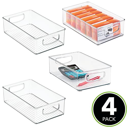 Mdesign Small Plastic Office Storage Container Bins With Handles For Organization In Filing Cabinet, Closet Shelf, Or Desk Drawers, Organizer For Notes, Pens, Pencils, And Staples - 4 Pack - Clear #TOP1