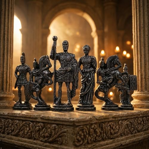 Image of Kid Antique Folding Wooden Chess Board with Brass Chess Roman Figures Set, 2 Players - Best for Gifting, Home Decor and Playing (Bleck & Yellow) Size 16 inchx16 inch Inch.