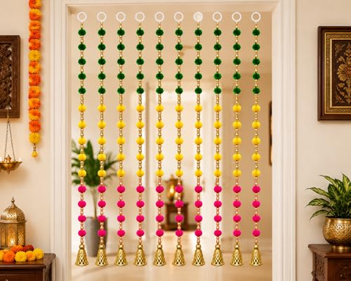 Image of BindianPom Pom Beads & Golden Bell Toran for Main Door, Pack of 10 Door Hanging Decorative Items, Home Decor Wall Hanging Decoration, Pooja Room Decor, Festival Decoration