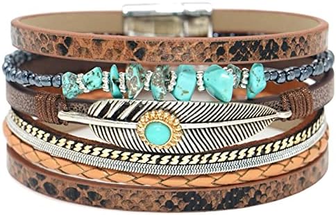 Wovanoo Leopard Leather Wrap Bracelets for Women Multilayer Cuff Bangle with Magnetic Buckle Gift for Birthday, Mother's Day, Valentine's Day Turquoise