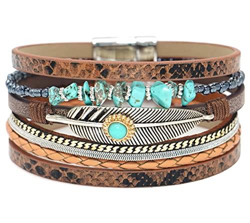 Wovanoo Leopard Leather Wrap Bracelets For Women Multilayer Cuff Bangle With Magnetic Buckle Gift For Birthday, Mother's Day, Valentine's Day Turquoise #TOP2