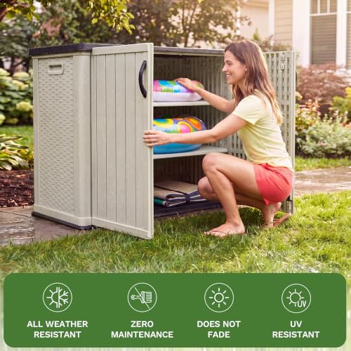 Image of Devoko 26 Cu Ft Resin Outdoor Storage Cabinet with Lockable Doors, Beige | Horizontal Storage Shed Waterproof Patio Tools Storage Box, Easy to Assemble for Backyards,Patios, Pools, Gardening Tools