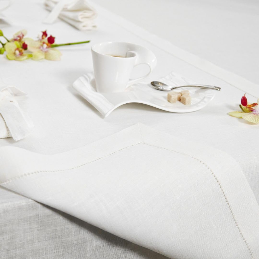 Cuore di lino - Chemin de table en pur lin 100 % fabriqué en Italie Ajour blanc optique (50 x 150 cm)