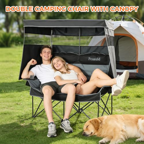 Silla doble para camping con toldo Pcuauld, plegable, para 2 personas, resistente y con portavasos miniatura 2