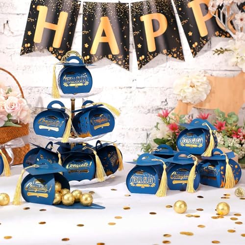 Spakon 30 Pcs Graduation Cap Gift Box Graduation Party Favors Candy Boxes Treat Box with Tassel Table Centerpieces Class of 2026 Grad Decorations(Blue, Gold)