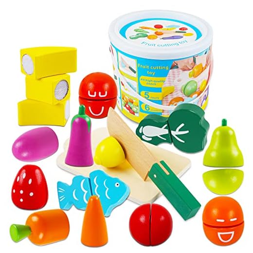 omyzam Juguetes de Madera Comida de Juguete para Niños Frutas y Verduras Juguete Montessori para Cortar Madera Juguete Juegos Educativos para Niños y Niñas de 2+ Años Regalo de Cumpleaños