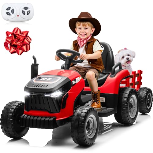 JOYRACER 24V Ride On Tractor for Kids, Electric Ride on Toys w/400W Motors, Tiltable & Detachable Trailer, Adjustable Seat, Bluetooth, Music, Remote Control Electric Tractor for Kids, Red