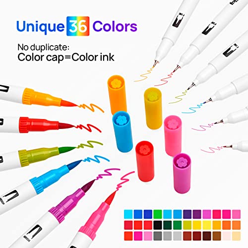 Image of Eglyenlky Colored Markers for Adult Coloring Book, Felt Tip Marker, Dual Tip Brush Pens with Brush and Fine Tip for Adult Teen Kid Drawing (36 Colors Set)