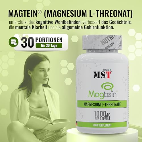 MST® Nutrition Magnesium L-Threonate 1000 mg pro Kapsel - L-Threonate 2000 mg pro Potrion hochdosiert – Magnesiumpräparat mit Magtein® (60 Kapseln)