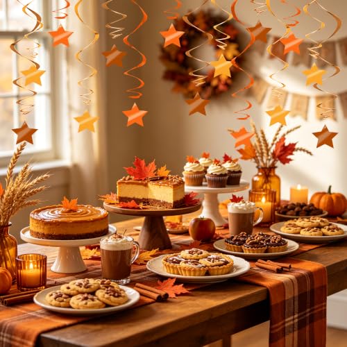 Image of BEISHID Orange Brown Hanging Swirls Pre-Strung Stars Hanging Decorations for Baby Shower Autumn Harvest Fall Classroom Home Party Decor Supplies,Pack of 15
