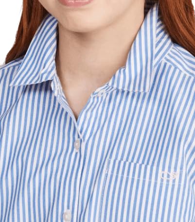 vineyard vines Girls' Poplin Button Down Striped Top, Hull Blue, 102