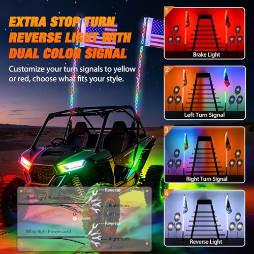 Image of Nilight 2PCS 4FT RGB LED Whip Light with Spring Base and 6 PCS Rock Lights Combo, Remote App Control w /DIY Chasing Patterns Turn Signal Brake Reverse Antenna Lighted Whips for ATV UTV Polaris RZR Jeep