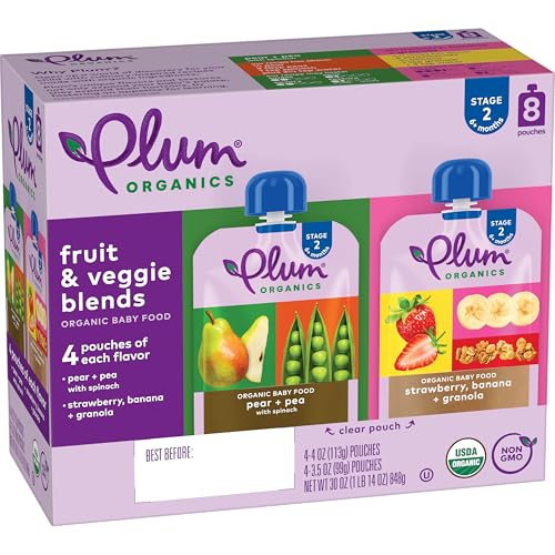 Plum Organics Stage 2 Organic Baby Food – Variety Pack – 4 oz Pouch (Pack of 8) – Fruit and Veggie Baby Food Pouch