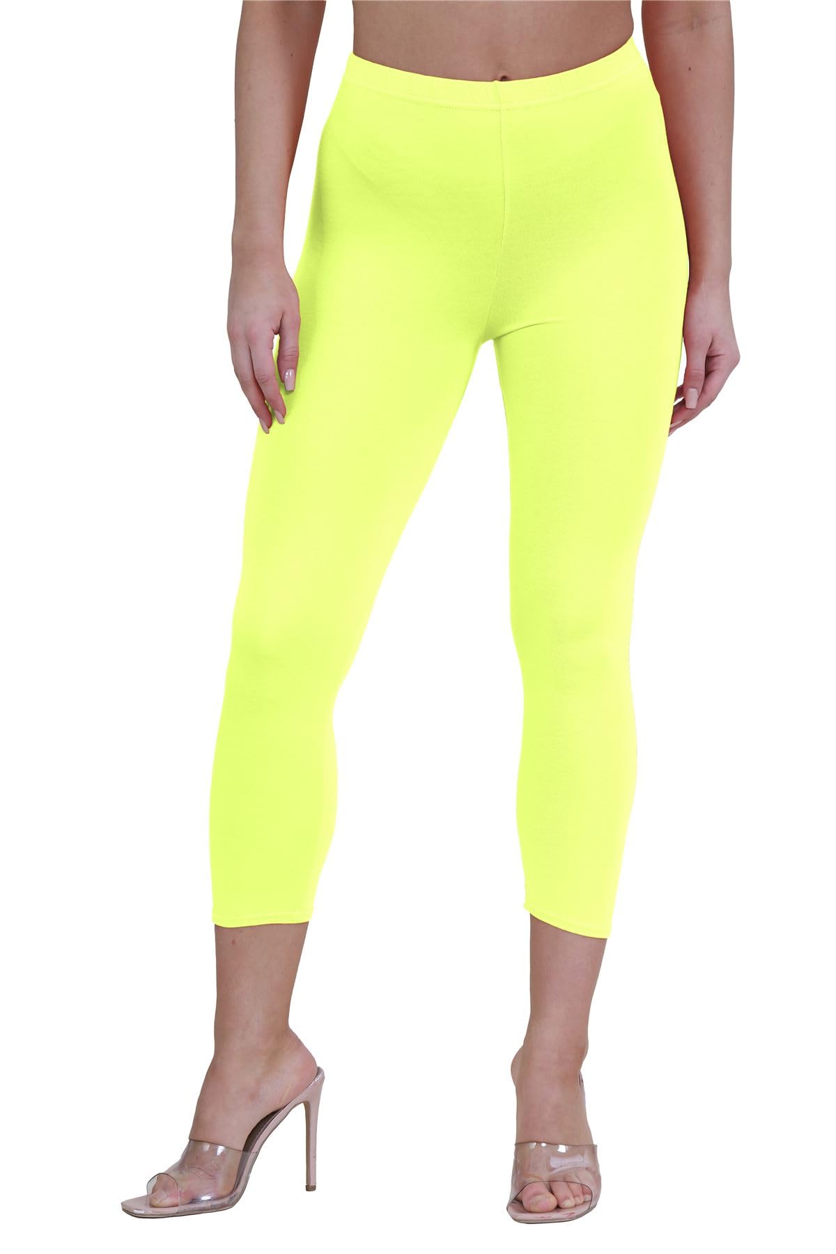Janisramone Women's Neon Yellow New Plain Stretchy 3/4 Leggings Workout Tight Gym Cropped Capri Active Pants
