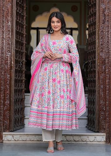 Image of Cotton Anarkali Shiffly Work with Floral Printed Anarkali Kurta Pant with Dupatta