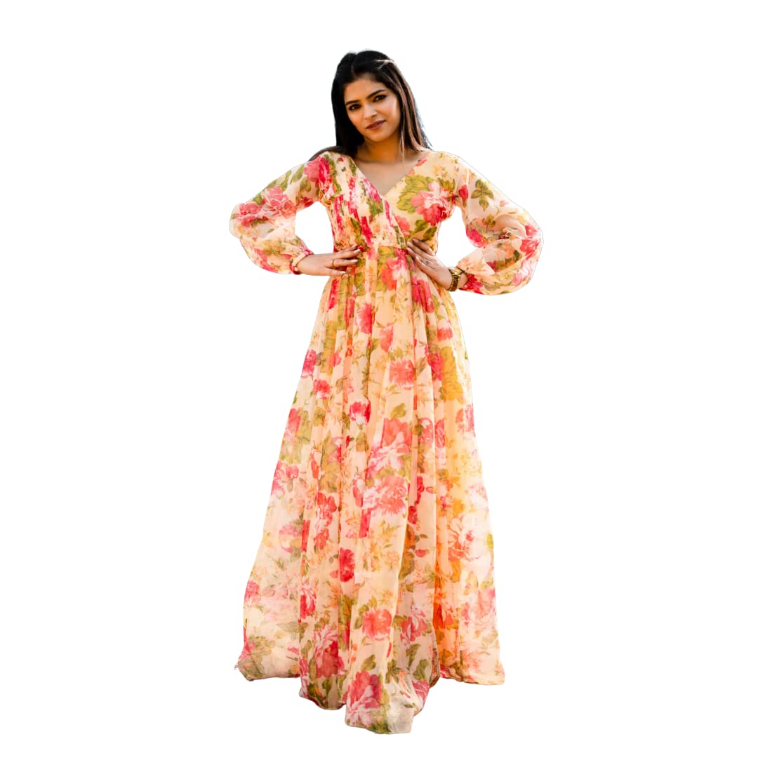 Organza Floor Length Printed Gown for Women-image-3
