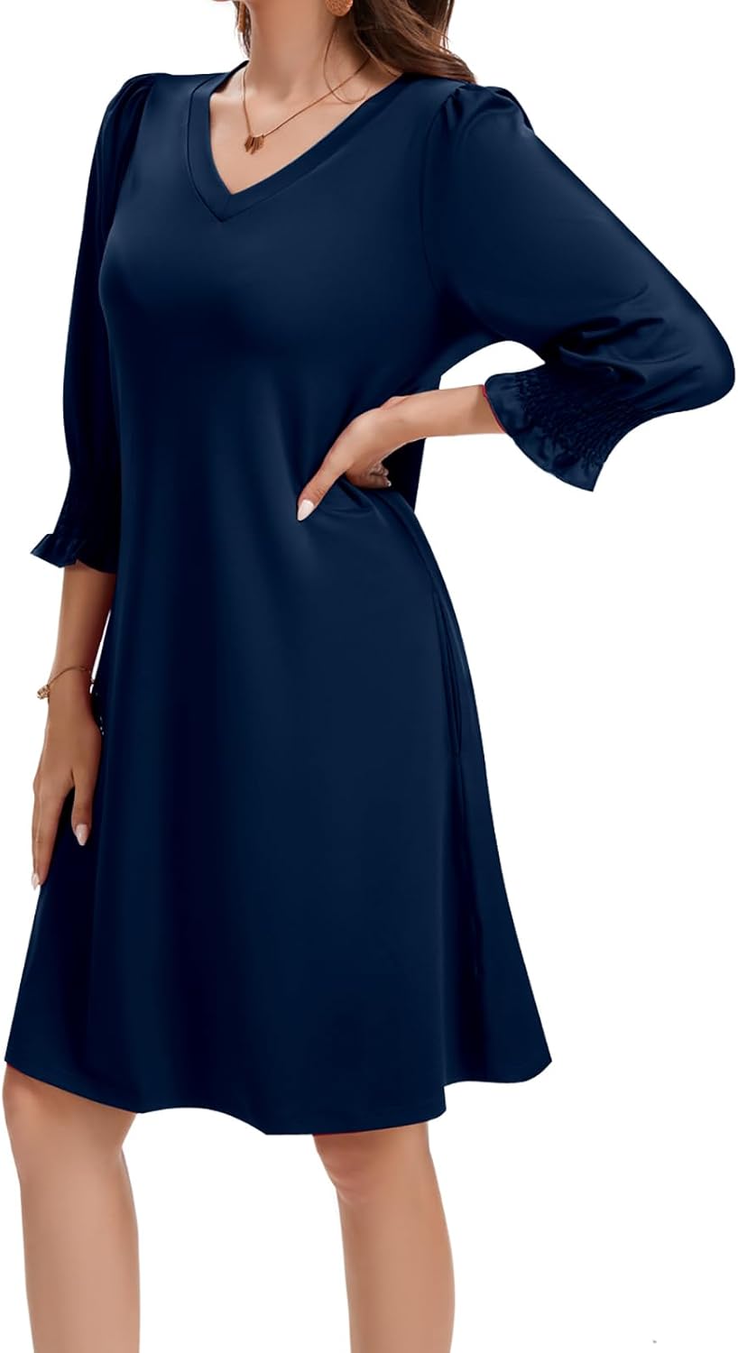 Women's Casual Loose Midi Dress V-Neck Fluffy Sleeves Ruffle Cuffs with Pockets - Image 2