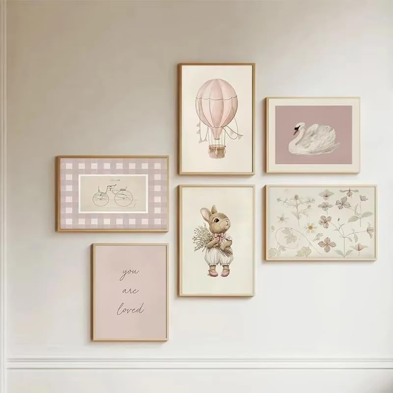 Nursery Decor Canvas Wall Art 6 Pcs Light Pink Girls Room Decor Bunny Flower Swan Wall Prints Floral Prints Preppy Posters for Nursery Girly Apartment Decoration (8x10in, Unframed)