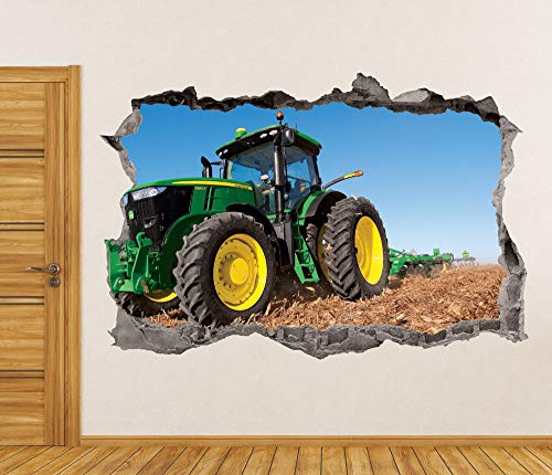 Green Tractor Wall Decal Art Decor 3D Smashed Concrete Farm Sticker Kids Bedroom Mural Custom Gift Up26 (24"W X 16"H) #TOP4
