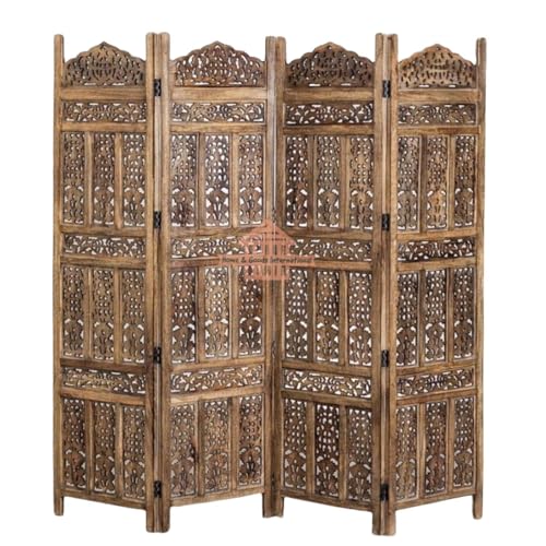 Image of Home & Goods International Wooden Room Divider Partition - Foldable Wood Screen Separator for Living Room, Bedroom, Office, Restaurant || Kangra Badrun - 4 Panel, Brown