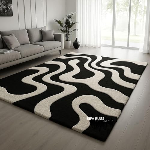 Image of Hand Tufted Carpet Nz Wool with Silk Abstract Design Non Slip Luxury Exclusive Rectangular Carpet for Living Room Bedroom (Size : 5x8 Ft, 152x244 CM), Multicolor