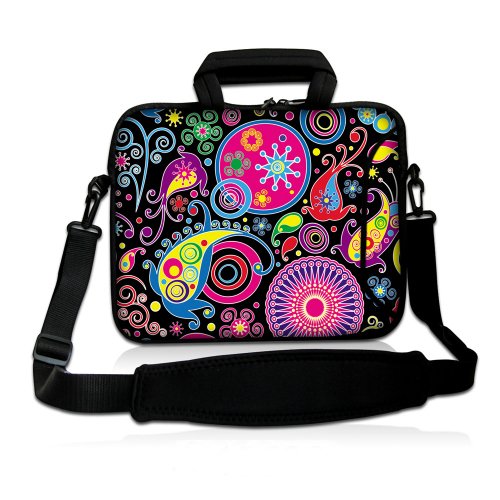 15 Inch Colorful Swirls DOUBLE Sided Print Pattern Design Black Dual Compartment Laptop Carrying Case Notebook Slipcase Bag Netbook Sleeve Cover + Detachable Padded Adjustable Shoulder Strap for Macbook Pro Vaio Acer Asus Dell HP Sony Toshiba