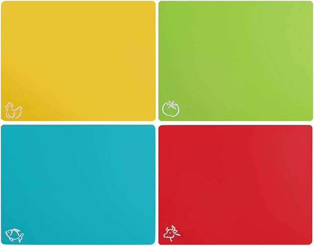 FAB4HOME Flexible Plastic Chopping Board Set, Colour Coded Chopping Mat with Food Icons for Separate Food Groups Antibacterial Dishwasher Safe Kitchen Cutting Mat Set of 4