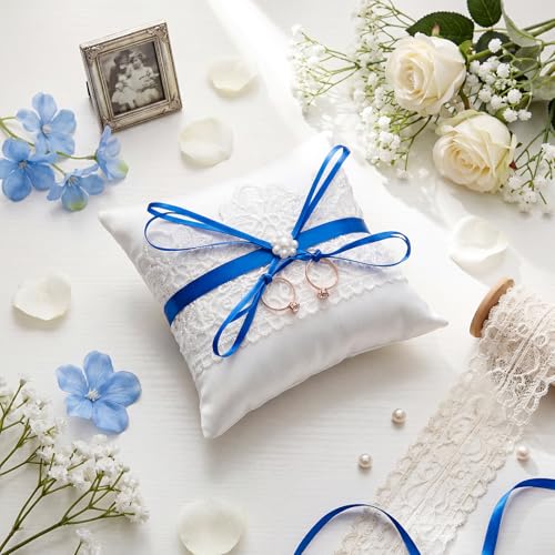 image for Fiwochic Wedding Ring Bearer Pillow Blue Bow Lace Pearl Ivory Satin Bo