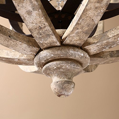 Kunmai Rustic Retro Weathered Wooden Globe Metal Orb Crystal 5-Light Chandelier Candle Style Wood Pendant Light Fixtures (Medium) #TOP6