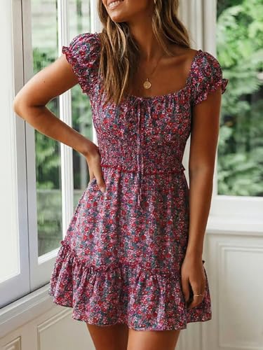 Image of Valphsio Womens Smocked Dress Ruffle Floral Tie Front Boho Short Dresses
