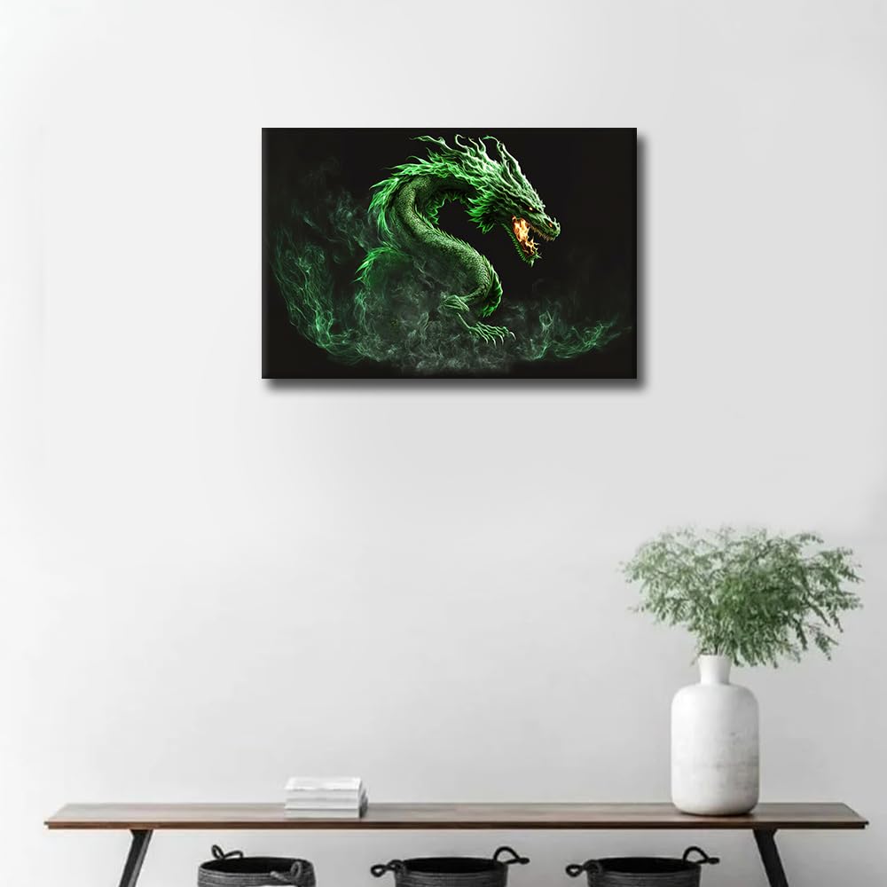 TISHIRON Canvas Wall Art for Bedroom Firedragon Wall Art for Living Room Green Dragon Wall Art Decor Medieval Fantasy Modern Artwork for Home Walls Giclee Framed Ready to Hang 24x16in - Image 3