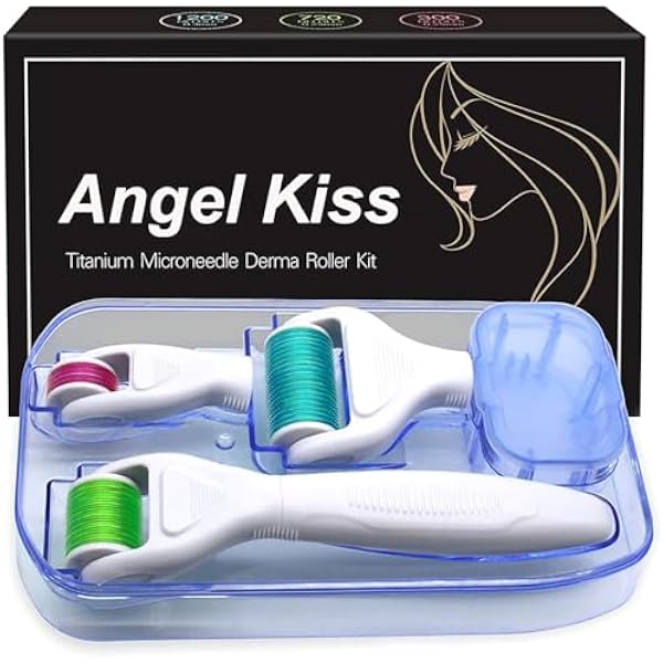 Zestaw rolek Derma - Angel Kiss 4 w 1 złoty tytanowy wałek mikroigłowy kosmetyczny przyrząd do rozbijania twarzy - 300/720 igły 0,25 mm, 1200 igieł 0,3 mm wałek do mikroneedlingu Derma roller