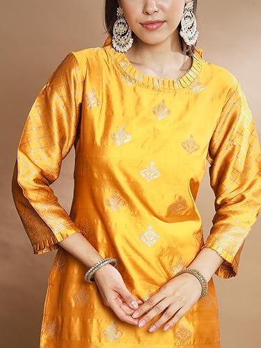Image of VredeVogel Women's Cotton Silk Jacquard, Banarasi Silk Kurta Pant With Dupatta Set