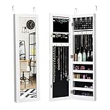 GOPLUS Schmuckschrank mit LED-Beleuchtung, Schmuckregal mit Spiegel, Spiegelschrank Schmuckorganizer, Wandmontage und Türmontage, Magnetverschluss, mit Stauraum für Halsketten, Ringe, Ohrringe, Kosmet