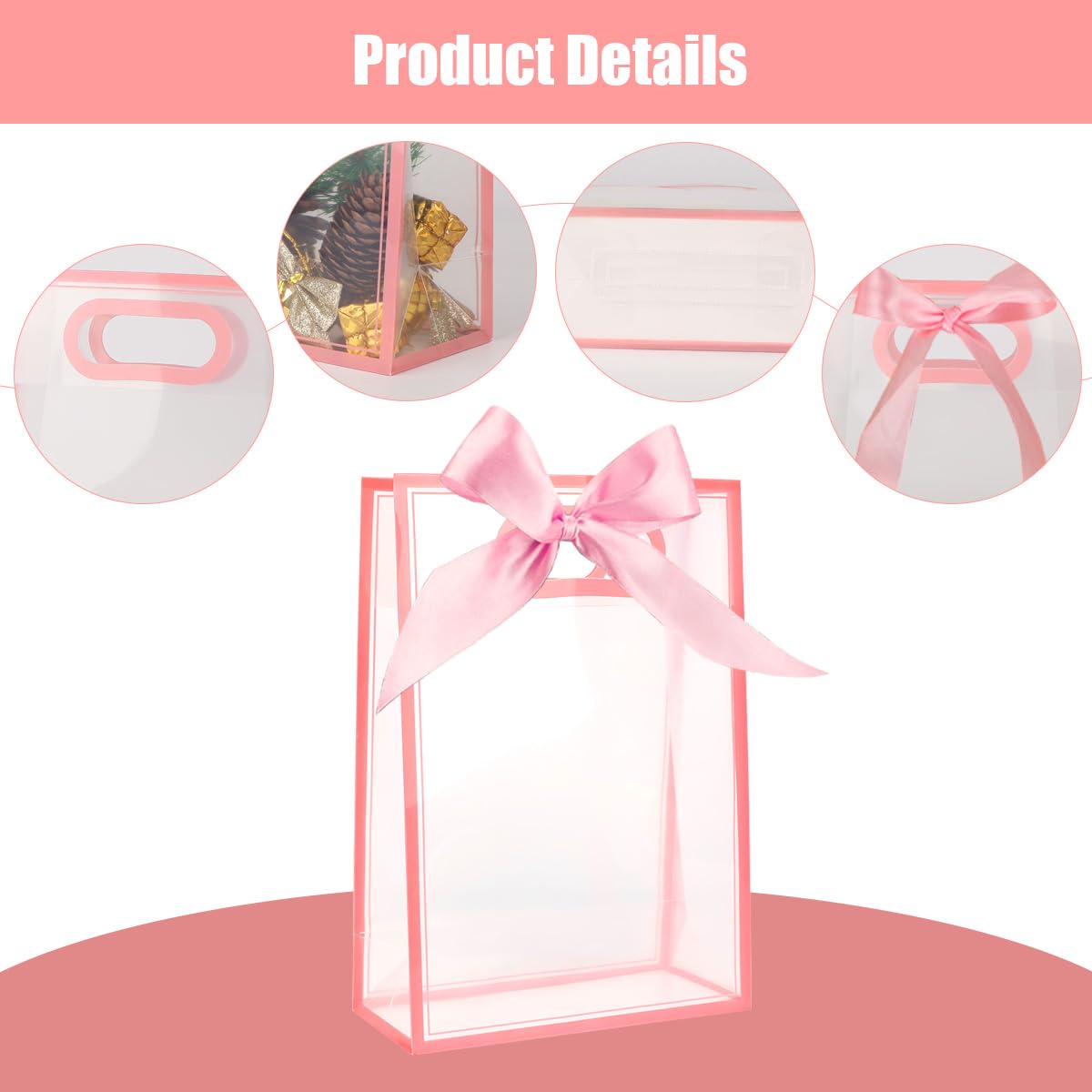 ZJHiome Clear Gift Bags with Handle, 8 PCS PVC Gift Bag with Ribbon Bow for Christmas Easter Wedding Baby Shower Birthday Party(Pink)