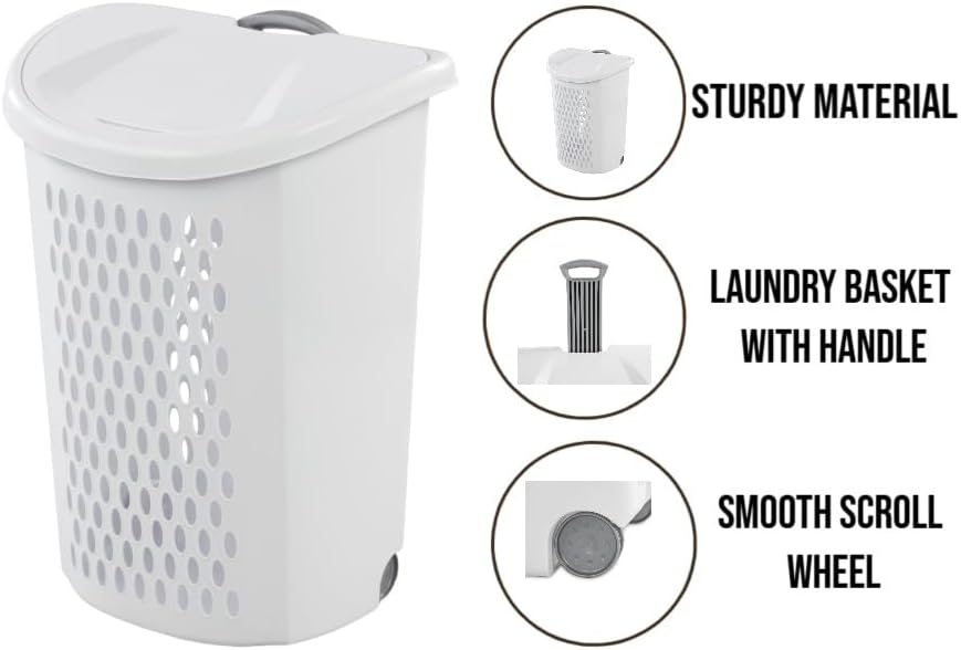 Wheeled Laundry Hamper with Handle for Easy Transport, White Plastic Clothes Hamper Basket with Lid