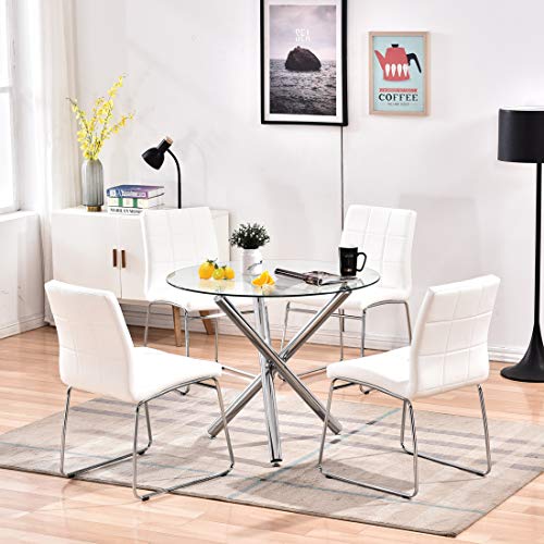 Modern Dining Table Chairs Set,Round Table with Clear Tempered Glass Top+4 White Faux Leather Dining Chairs Set for 4 Person,Kitchen Dining Room Table and Chairs Set for Home(1 Table + 4 White Chairs)