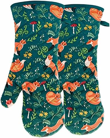 Heat Resistant Kitchen Oven Mitts with Non-Slip Silicone Printed, Set of 2 Oven Gloves for BBQ Cooking Baking, Grilling, Barbecue,Microwave, Machine Washable (Fox, Oven Mitts)