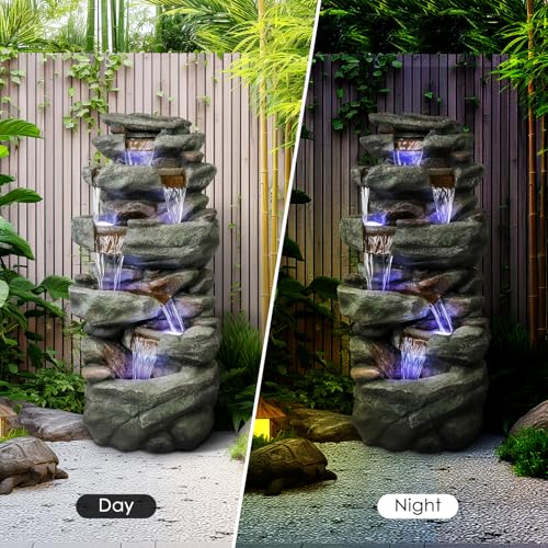 Image of SunJet 40.5 inch High Rocks Outdoor Water Fountain - 6-Tiers Cascading Waterfall with LED Lights, Soothing Tranquility for Home Garden, Yard Decor