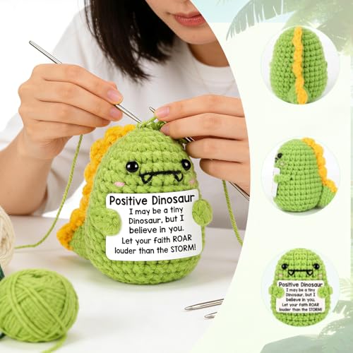 Image of Crochet Toys, Handmade Crochet Dinosaur Gifts, Soft Toy for Adults, Cute Office and Home Decor, Green Crochet Doll, Family, Birthday, Encouragement Gift