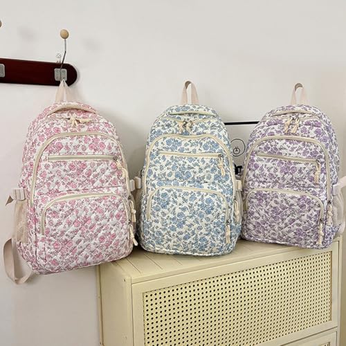 Coquette Backpack - Cute Kawaii Backpack Set 3 Pcs Floral Quilted Daypack with Small Crossbody Bag (Purple)3