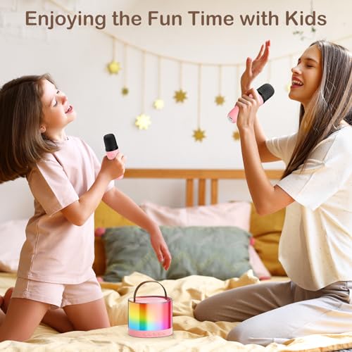 JYX Mini Karaoke Machine for Kids Adults, Portable Bluetooth Speaker with 2 Microphones, Support TF/AUX Input/Funny Magic Voice, Gifts for Birthday Party (Pink-2Mic) - Thumbnail 5