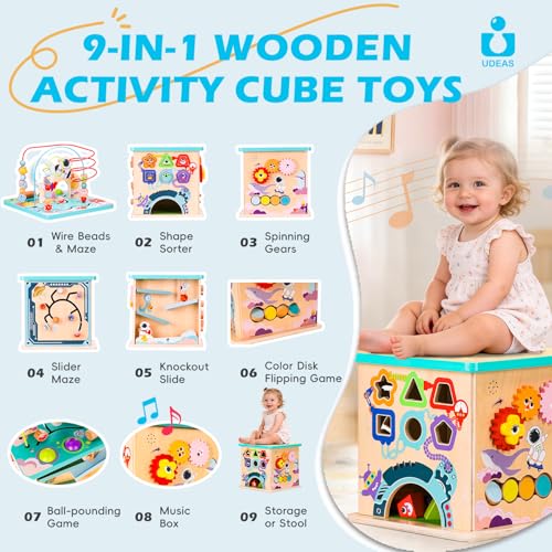 Image of Pre-Assembled 9 in 1 Large Wooden Activity Cube. Educational Learning Toy for Kids with Bead Maze, Shape Sorter and Music Gears and More. for Toddlers 18 M+. Birthday Gifts for Boys and Girls