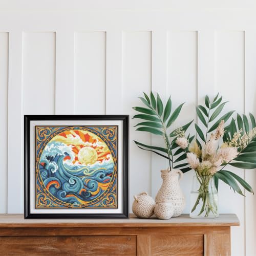 Image of FREEBLOSS 11CT Stamped Cross Stitch Kits Sunrise&Waves Cross Stitch Wall Hanging Kit Complete Embroidery Kits with Instruction for Needlepoint Adults Wall Art Decoration 18 * 18in /45 * 45cm