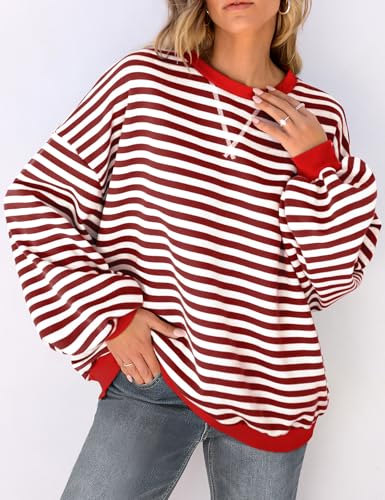 Image of UEU Women Oversized Striped Crewneck Sweatshirt Long Sleeve Color Block Pullover Tops Casual Loose Workout Shirt