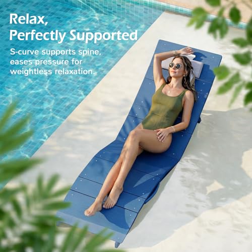 Image of Stoog Folding Pool Lounge Chairs Set of 2, Heavy Duty HIPS Anti-Floating Outdoor Chaise with Headrest for Hotel, Beach, Sun Deck, Blue